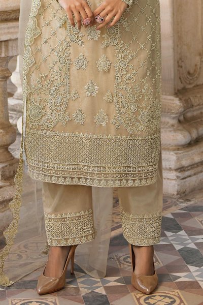 Ecru Embellished Net Suit With Palazzo