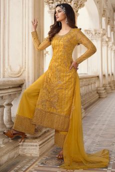 Mustard Embellished Net Suit With Palazzo