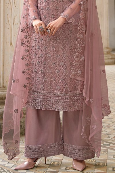 Lilac Embellished Net Suit With Palazzo
