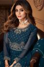 Prussian Blue Embroidered Georgette Peplum Style Sharara Suit