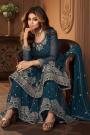 Prussian Blue Embroidered Georgette Peplum Style Sharara Suit