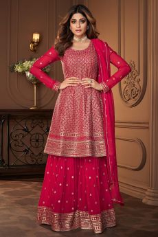 Pink Embroidered Georgette Peplum Style Sharara Suit