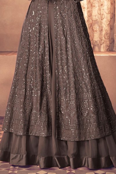 Dark Grey Embellished Georgette Anarkali With Skirt & Dupatta