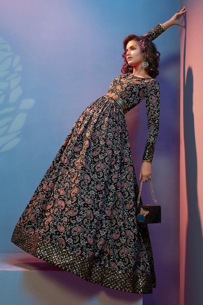 Black Printed Crepe Sequin Embellished Anarkali Gown With Belt