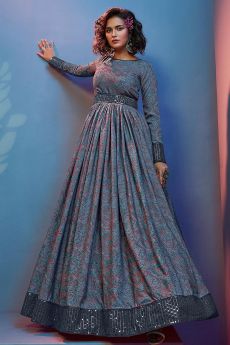 Blue-Grey Printed Crepe Sequin Embellished Anarkali Gown With Belt