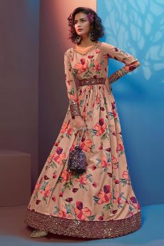 Peach Printed Crepe Sequin Embellished Anarkali Gown With Belt