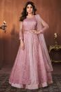 Mauvey Pink Net Embroidered Anarkali With Skirt & Dupatta