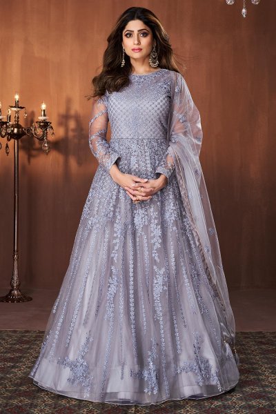 Lilac Net Embroidered Anarkali With Skirt & Dupatta
