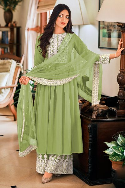 Ready To Wear Pista Green Georgette Embellished Anarkali Style Suit