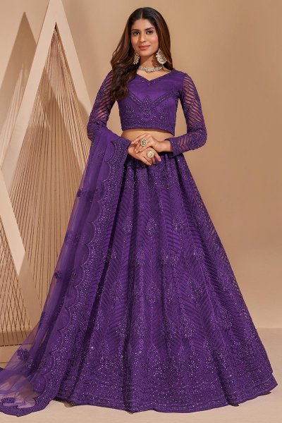 Purple Net Embellished Lehenga Choli Set