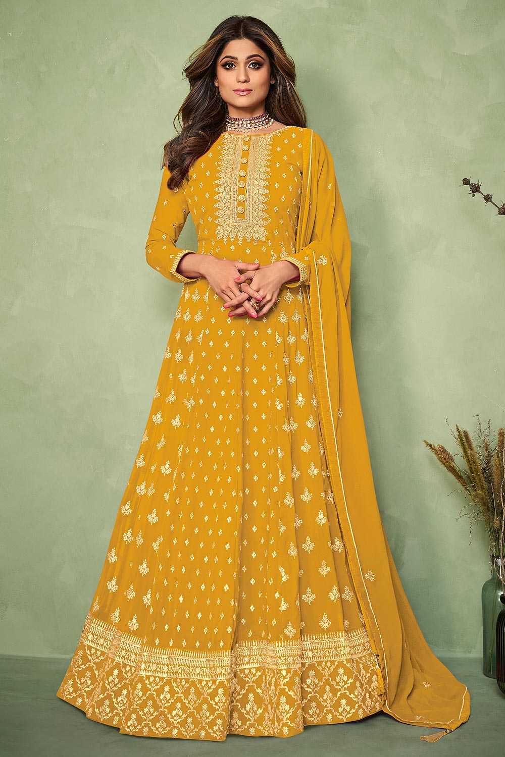 Yellow Georgette Embroidered Anarkali Gown