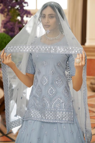 Ice Blue Georgette Embroidered Lehenga With Kurti Style Choli