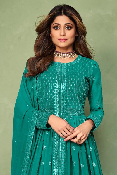 Blue Georgette Embroidered Anarkali Dress With Skirt