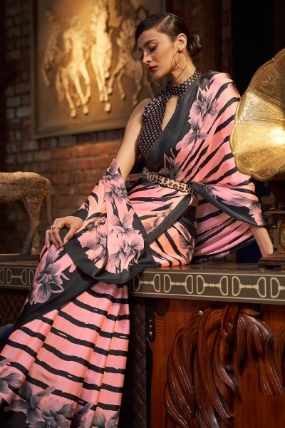 Pink & Black Designer Printed Crepe Saree