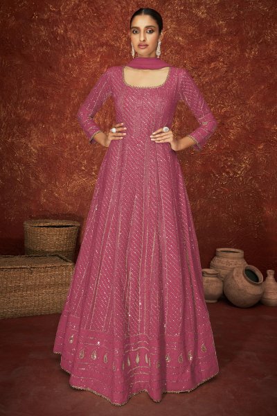 Rosewood Pink Embellished Georgette Anarkali Suit With Dupatta