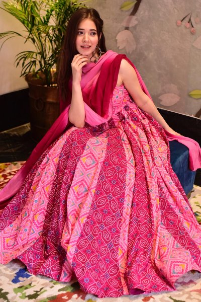 Ready To Wear Pink Bandhej Print Silk Anarkali Gown With Dupatta