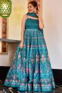 Ready To Wear Teal Blue Floral Print Silk Anarkali Gown With Dupatta