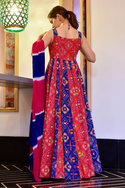 Ready To Wear Red Bandhej Print Silk Anarkali Gown With Dupatta