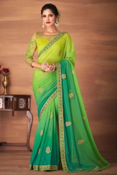 Lime Green & Aqua Ombre Georgette Embroidered Saree With Saree