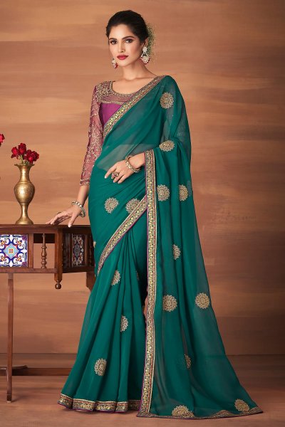 Teal Green Georgette Embroidered Saree With Saree