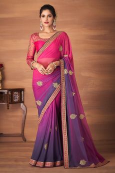Pink & Purple Ombre Georgette Embroidered Saree With Saree