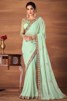 Mint Green Georgette Embroidered Saree With Saree