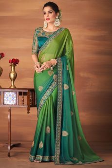 Green Ombre Silk Embroidered Saree With Saree