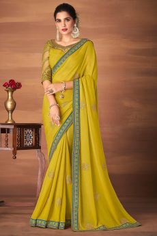 Mustard Georgette Embroidered Saree With Saree