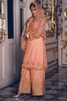 Peach Embroidered Net Suit With Flared Pants