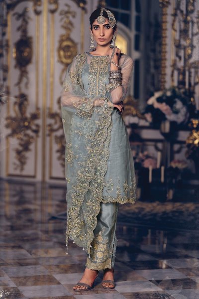 Steel Blue Embroidered Net Suit With Flared Pants