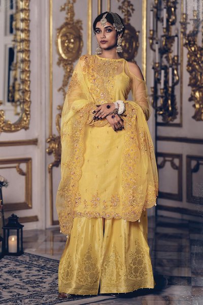 Yellow Embroidered Net Suit With Flared Pants
