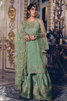 Aqua Green Embroidered Net Suit With Flared Pants