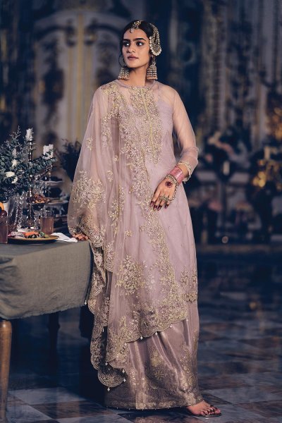 Lavender  Embroidered Net Suit With Flared Pants