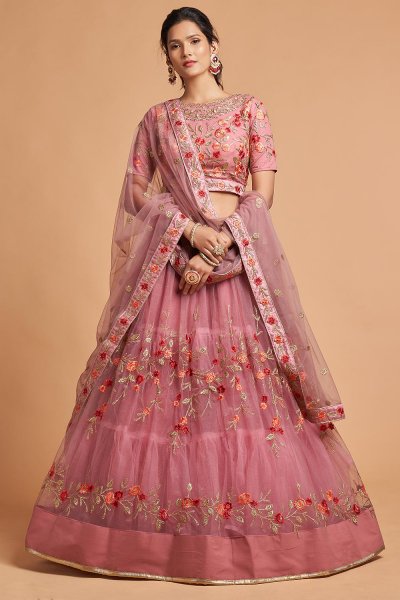 Blush Pink Net Embroidered Lehenga Choli Set