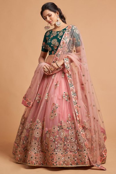 Blush Pink & Teal Net Embroidered Lehenga Choli Set