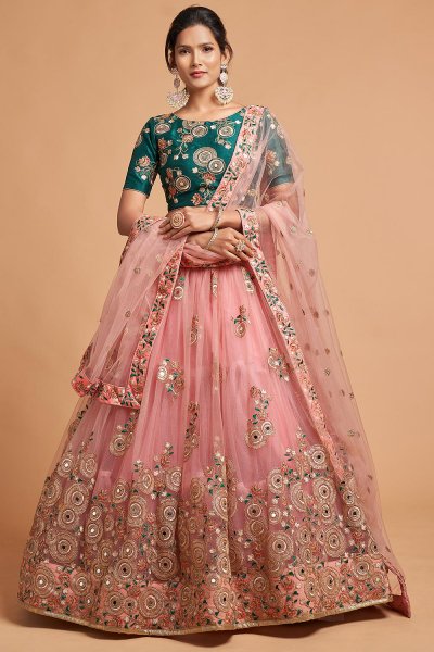 Blush Pink & Teal Net Embroidered Lehenga Choli Set