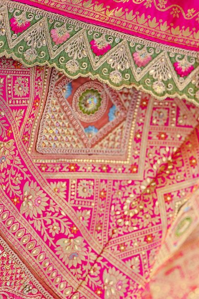 Teal & Pink Banarasi Silk Embroidered Lehenga Choli
