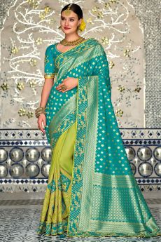 Lime Green & Teal Banarasi Silk Saree