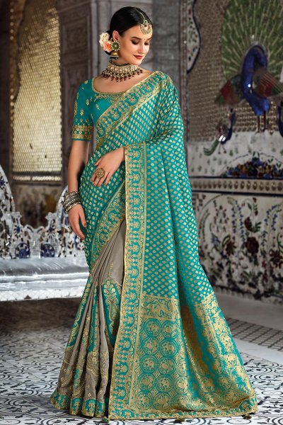 Grey & Blue Banarasi Silk Saree
