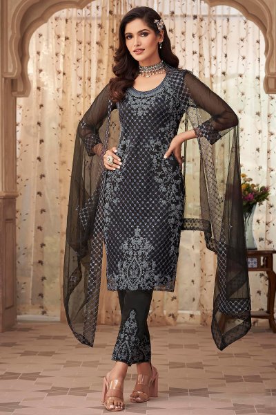 Black Net Embroidered Suit