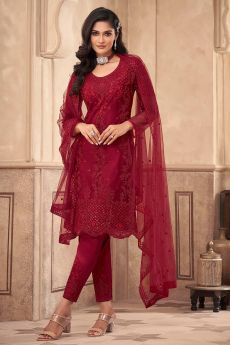 Red Net Embroidered Suit