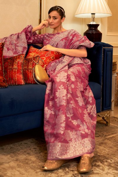 Rosewood Pink Cotton Saree With Chikankari Work