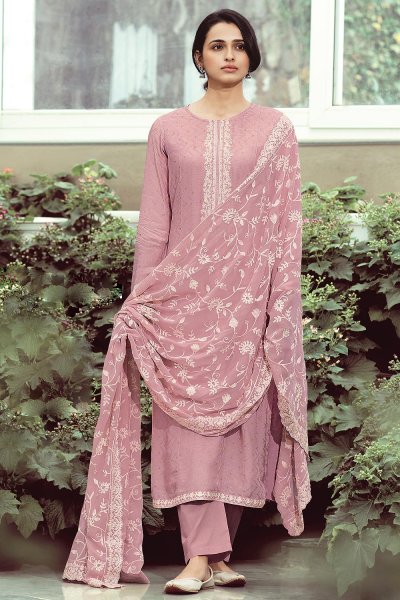 Light Rosewood Pink Woven Silk Suit With Embroidery