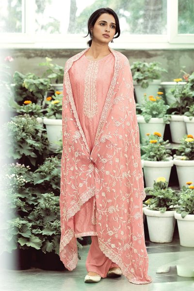 Peach Woven Silk Suit With Embroidery