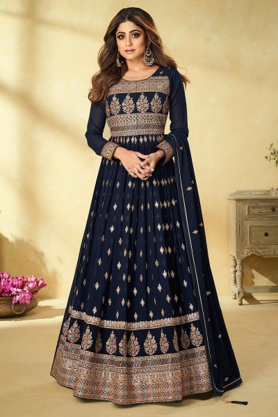 Navy Blue Georgette Embroidered Anarkali Gown