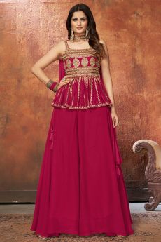 Magenta Georgette Embroidered Peplum Style Fusion Wear Suit