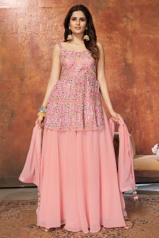 Light Pink Georgette Embroidered Peplum Style Fusion Wear Suit