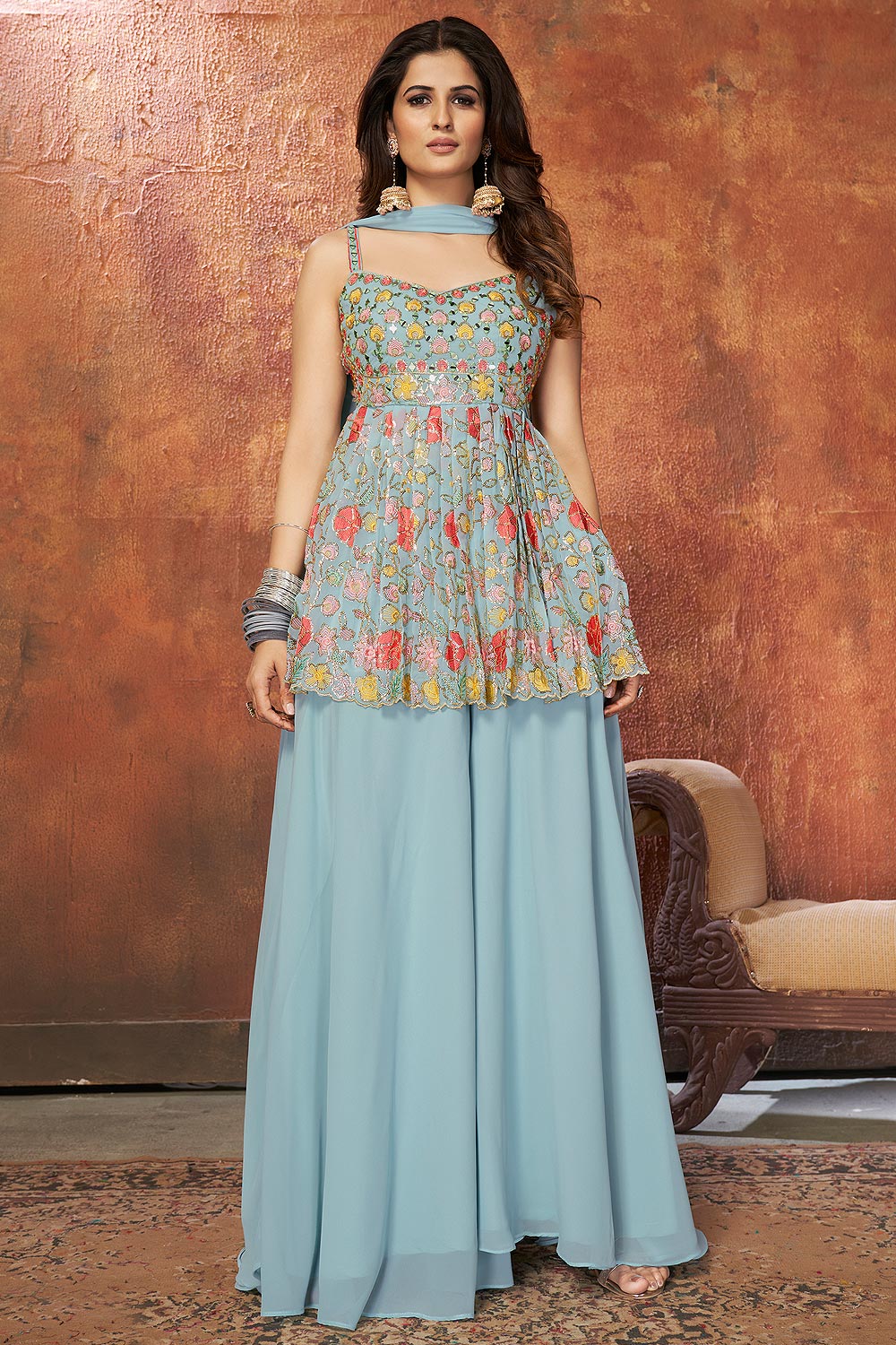Light Blue Georgette Embroidered Peplum Style Fusion Wear Suit