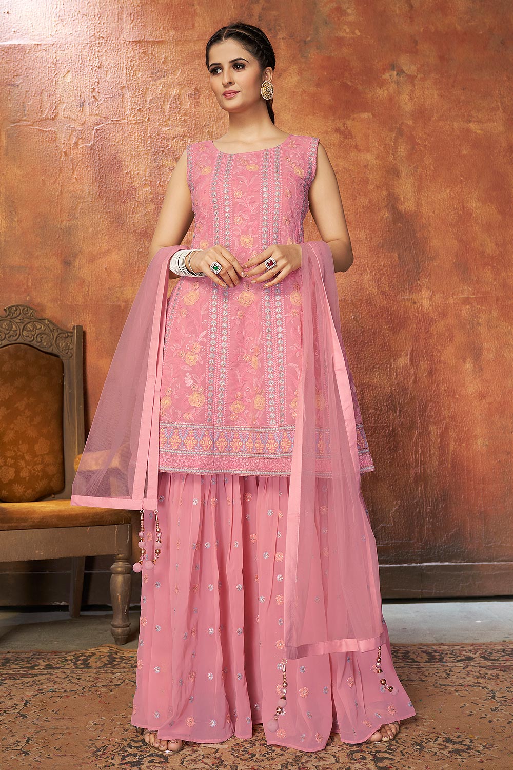 Light Pink Georgette Embroidered Peplum Style Sharara Suit