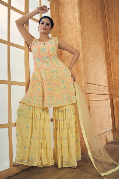 Light Yellow Georgette Embroidered Peplum Style Sharara Suit
